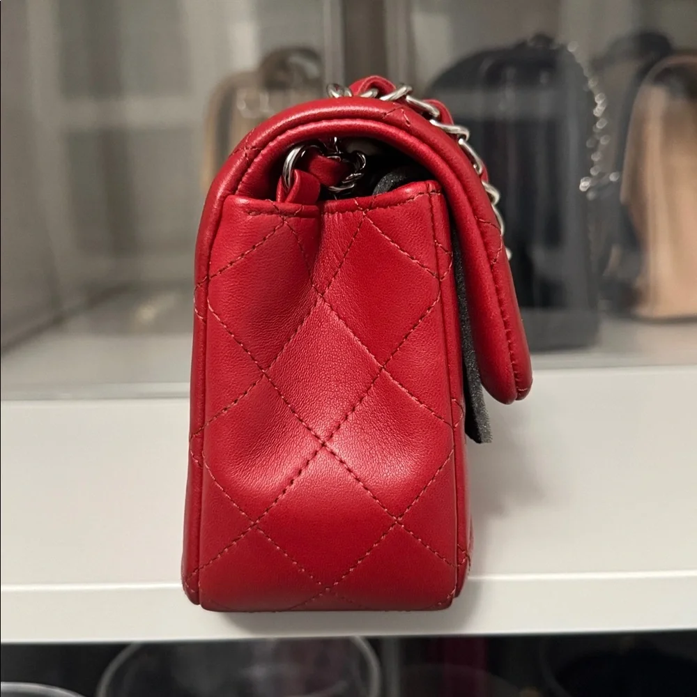 Authentic Chanel Classic Red Quilted Rectangle Mini Lambskin Bag